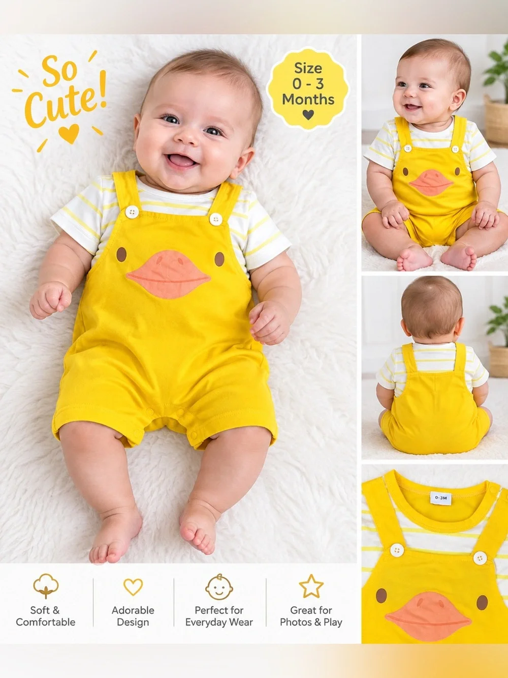 Baby Duck Romper Outfit 0-3 Months Yellow Striped Cute Unisex Infant
